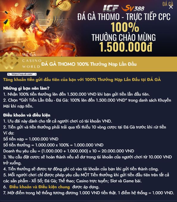 Đá Gà Thomo – Thưởng Nạp Đầu 100%